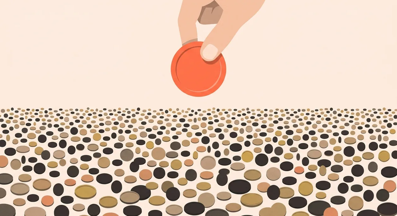 插画：一片由无数小硬币铺成的海洋，一只手从中拈起一枚橙色硬币